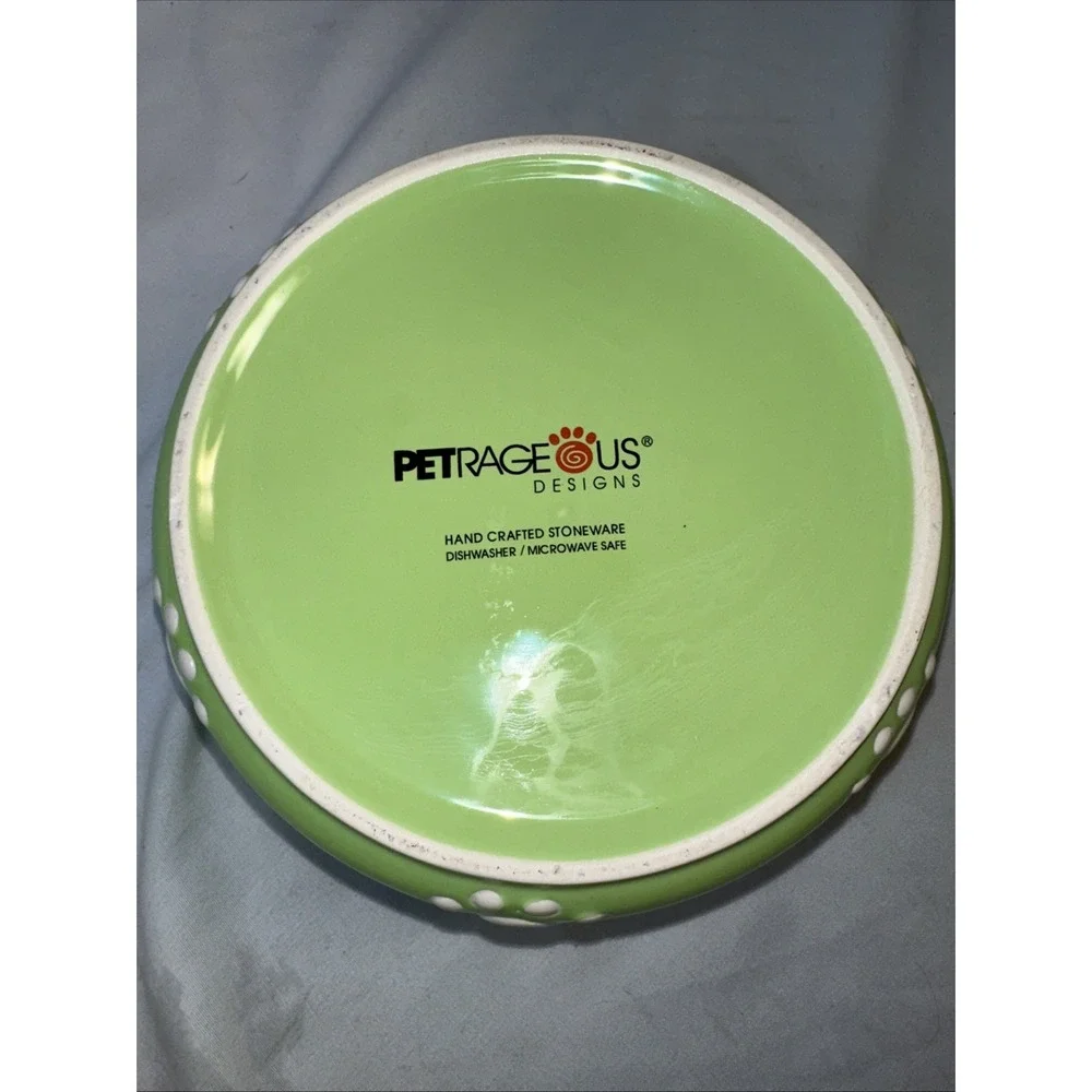 Petrageous Handcrafted Stoneware Pet Food Water Bowl Dish Lime Green Paw Prints